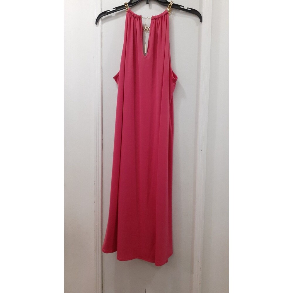 Michael Kors Hot Pink Dress SZ Lrg Halter with Gold Chain Neckline Chic Elegant - Picture 2 of 11